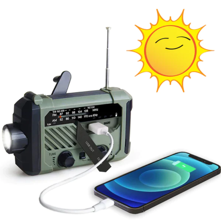 TechPRO™ aurinkokennolla ja dynamolla varustettu radio, akkupankki ja taskulamppu -yhdistelmä